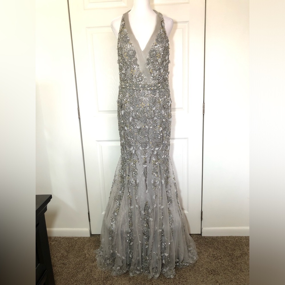 NWT Custom Silver Beaded Terani Couture Dress Size 8